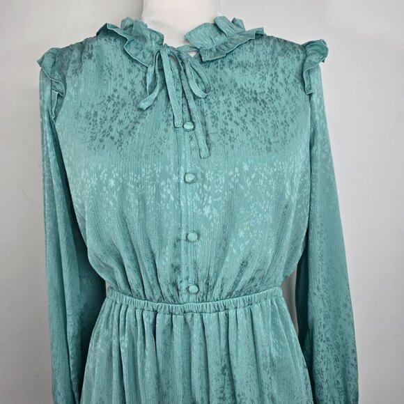 LC Conrad Sage Pistachio Green Edwardian High Collar Ruffle Long Sleeve Dress - Picture 2 of 9